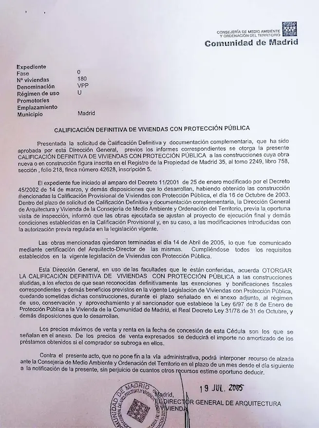 Ejemplo de una Cédula de Calificación Definitiva: Madrid